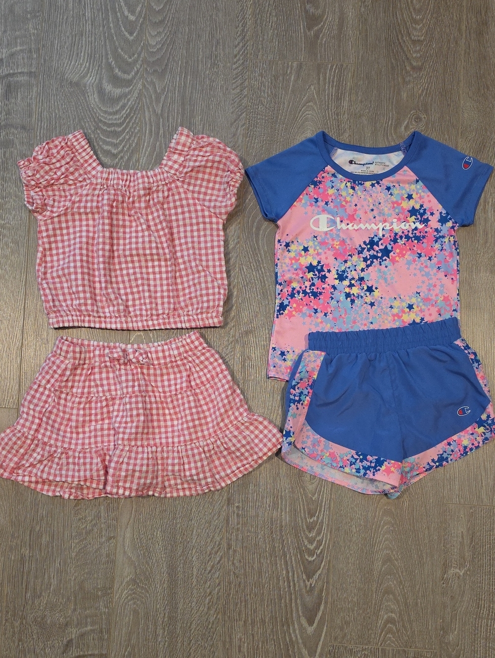 Lot Of 2 Outfits -  Pink and Blue Star Print Activewear And Gingham Set
